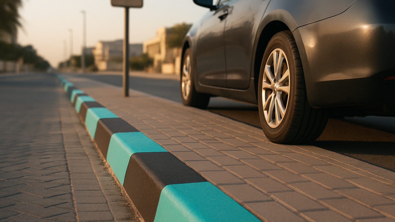 Black and turquoise kerbstones beside an Abu Dhabi street parking bay